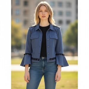 Du Jour Women Blue Cropped Button Up Jacket Bell Sleeve‎ Pom Pom Trim XS